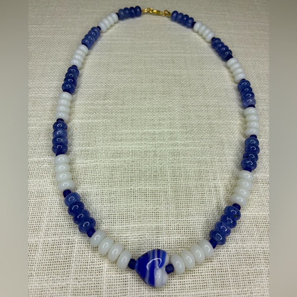 Elegant Blue and White Beaded Necklace With Murano Glass Charm